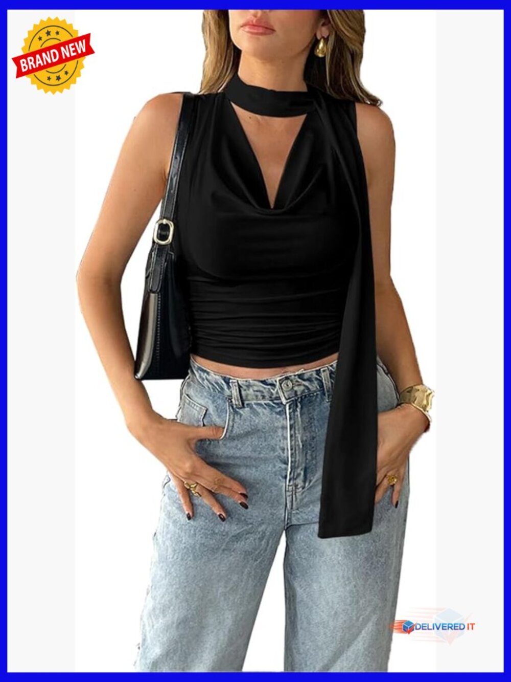 Sexy Drape Cowl Neck Halter Crop Top with Scarf Y2K Deep V Sleeveless